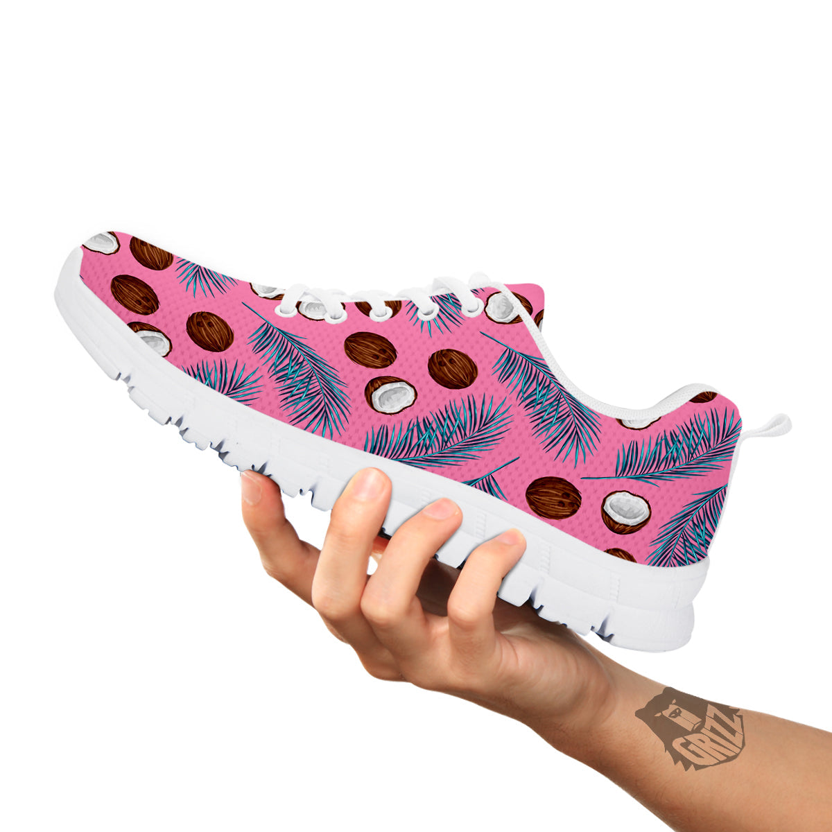 Coconut Pink And Palm Leaf Print Pattern White Sneaker-grizzshop