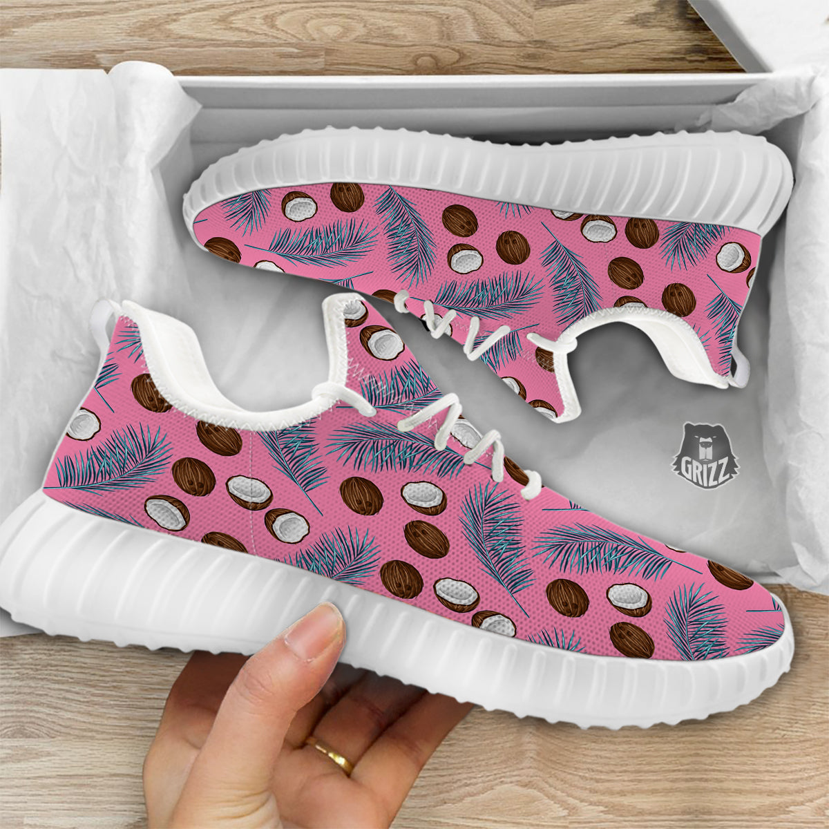 Coconut Pink And Palm Leaf Print Pattern White Walking Shoes-grizzshop