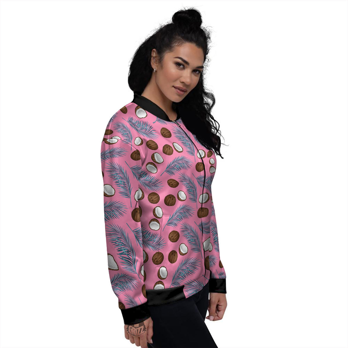 Coconut Pink And Palm Leaf Print Pattern Women's Bomber Jacket-grizzshop