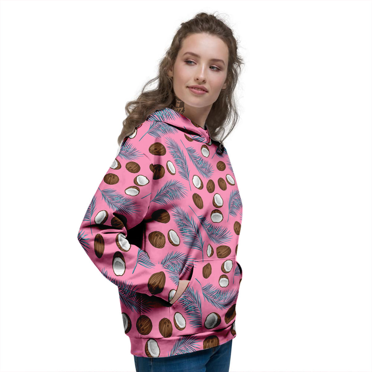 Coconut Pink And Palm Leaf Print Pattern Women's Hoodie-grizzshop