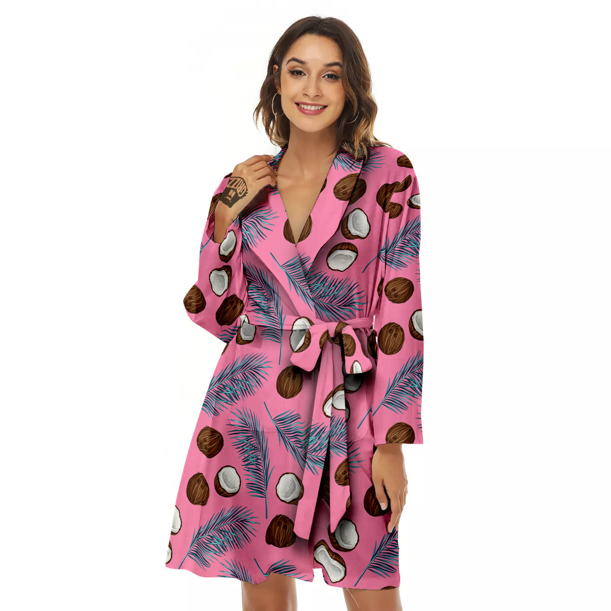 Coconut Pink And Palm Leaf Print Pattern Women's Robe-grizzshop