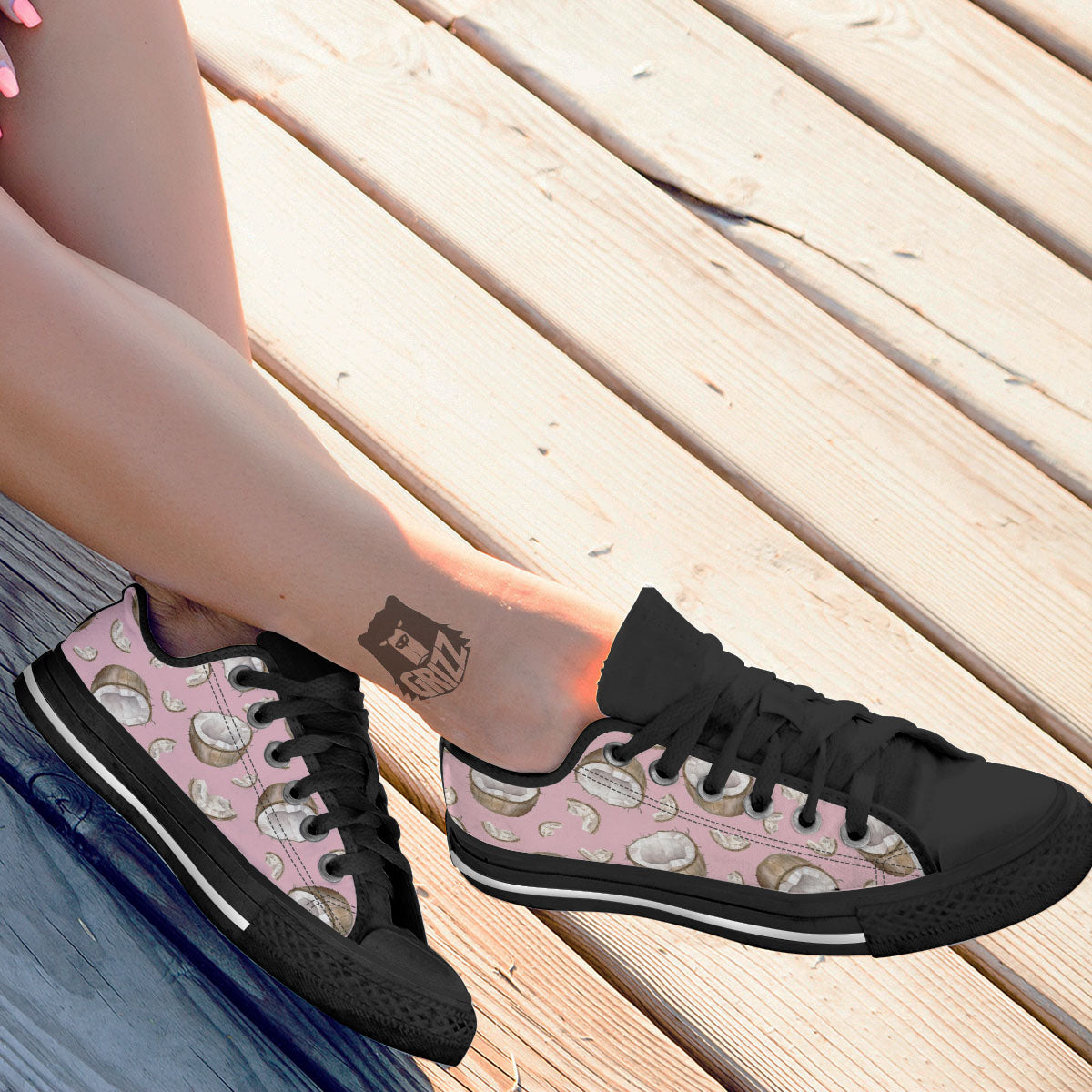 Coconut Pink Print Pattern Black Low Top Shoes-grizzshop