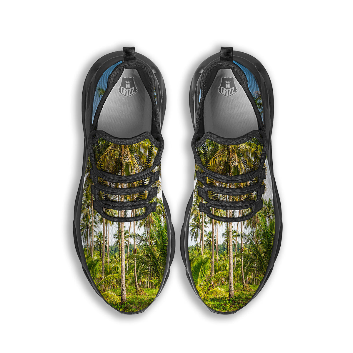Coconut Tree Print Black Running Shoes-grizzshop
