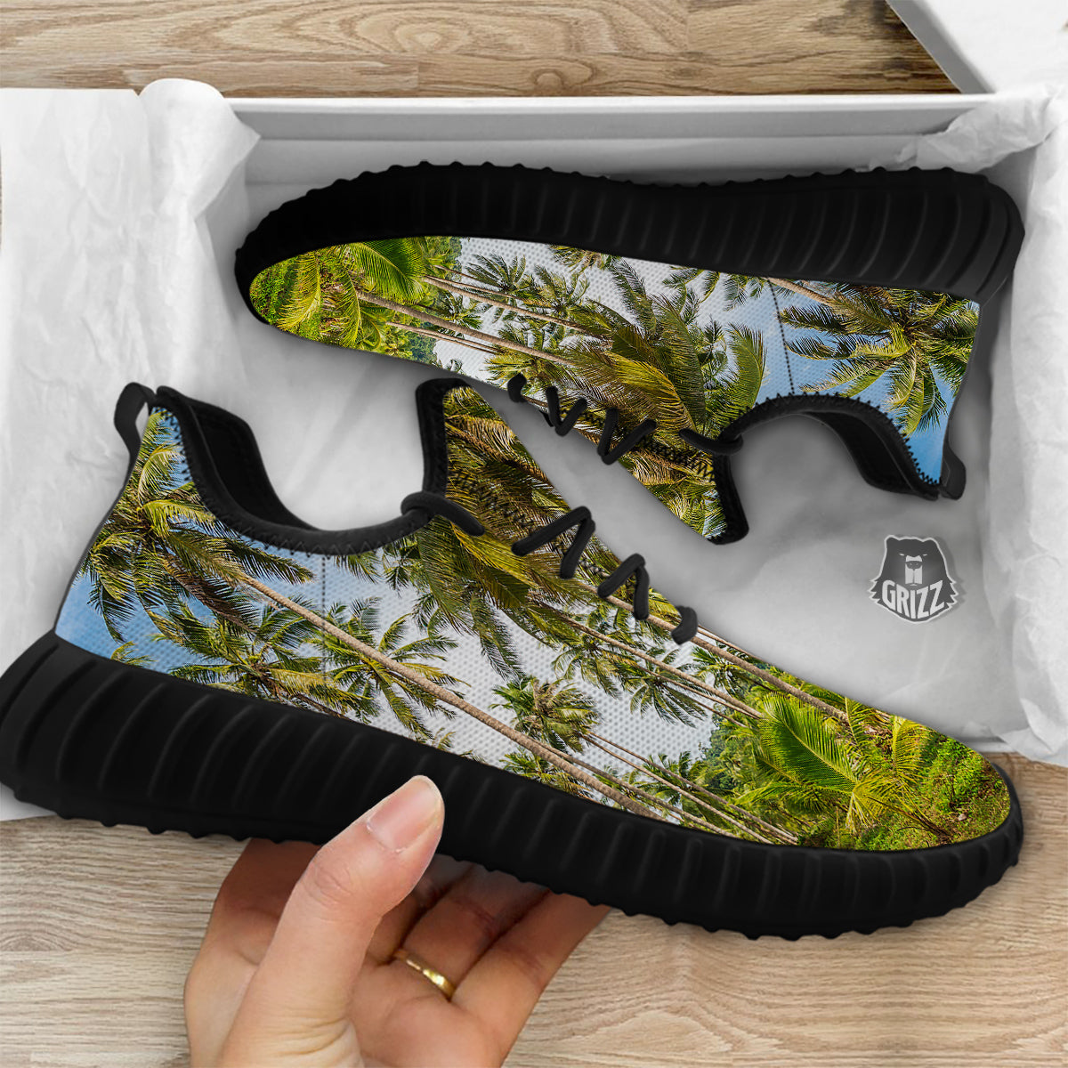 Coconut Tree Print Black Walking Shoes-grizzshop