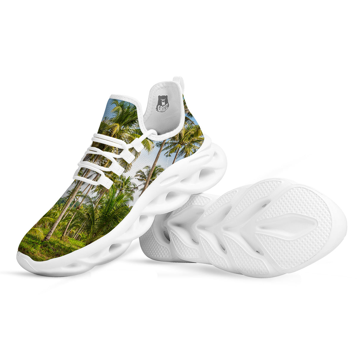 Coconut Tree Print White Running Shoes-grizzshop