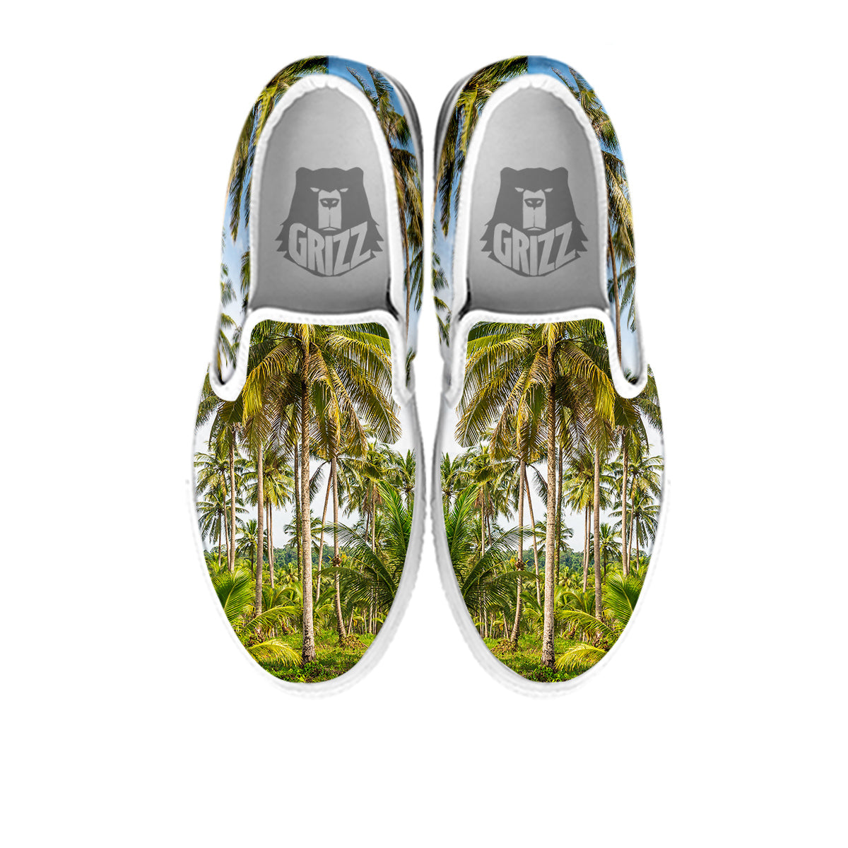 Coconut Tree Print White Slip On Shoes-grizzshop