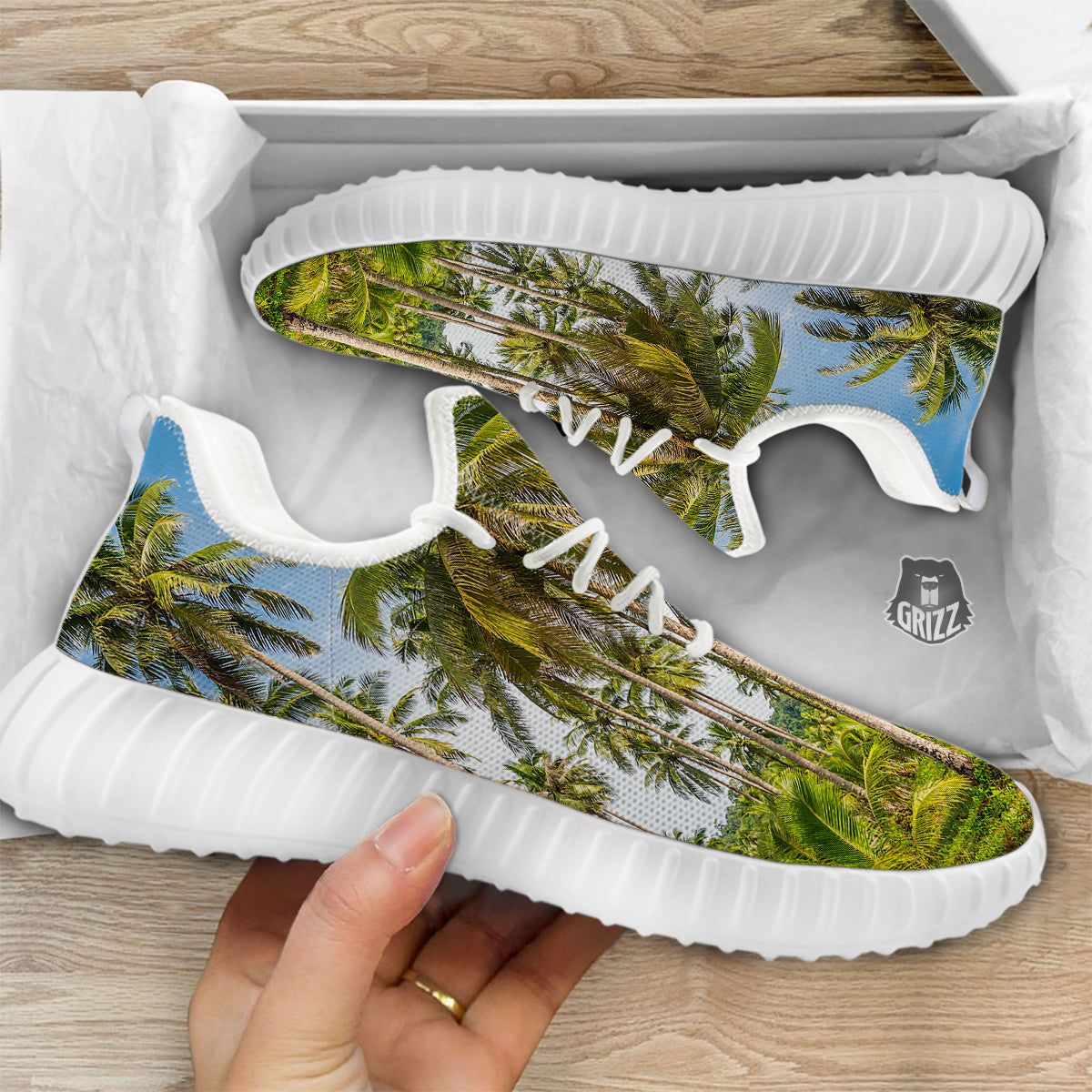 Coconut Tree Print White Walking Shoes-grizzshop
