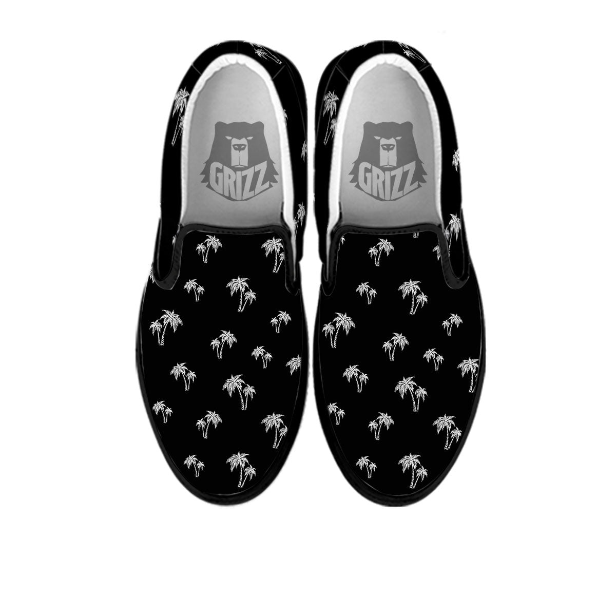 Coconut Tree White And Black Print Black Slip On Shoes-grizzshop