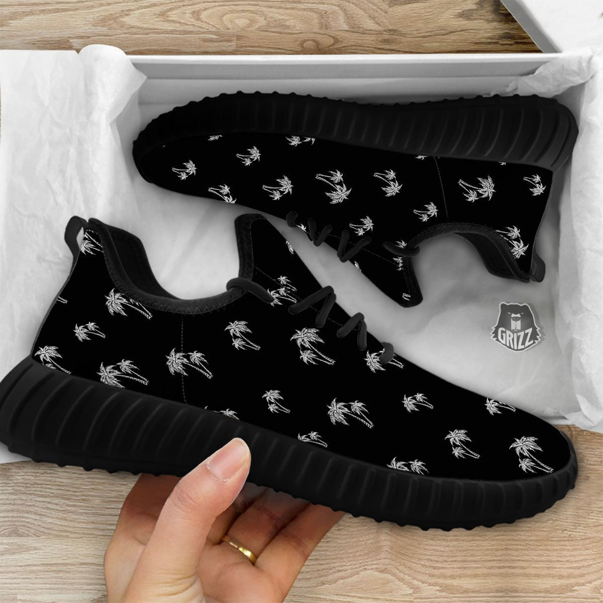 Coconut Tree White And Black Print Black Walking Shoes-grizzshop