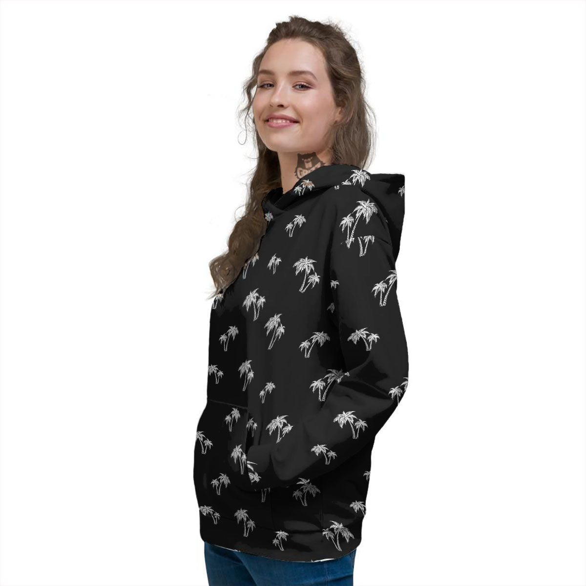 Coconut Tree White And Black Print Women's Hoodie-grizzshop