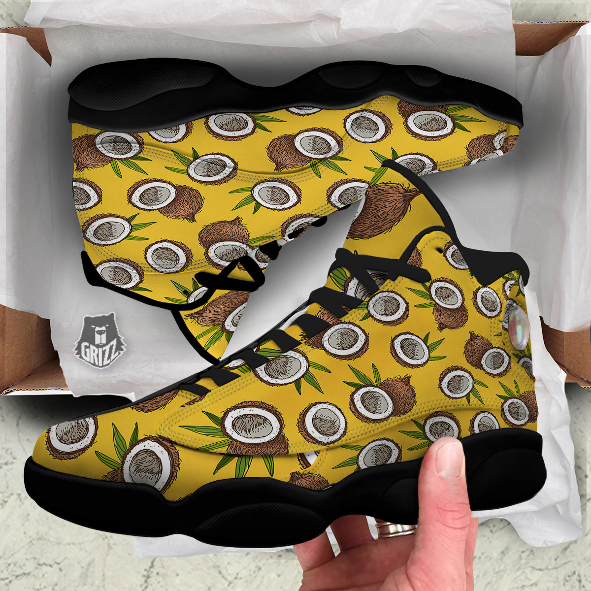 Coconut Yellow Print Pattern Black Basketball Shoes-grizzshop
