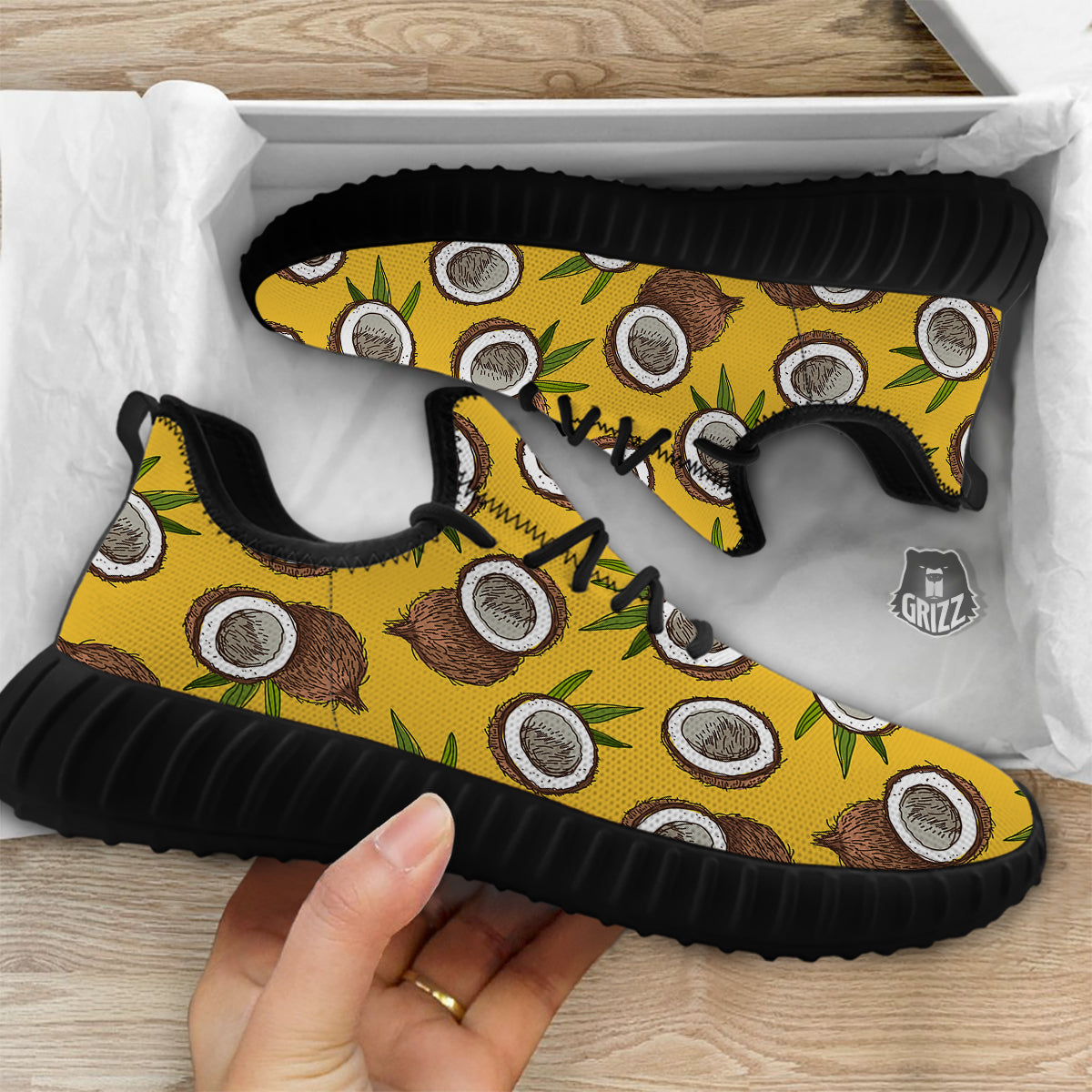 Coconut Yellow Print Pattern Black Walking Shoes-grizzshop