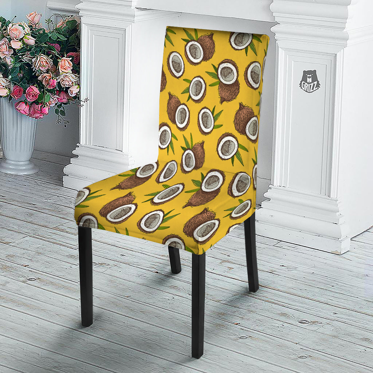 Coconut Yellow Print Pattern Dining Chair Slipcover-grizzshop