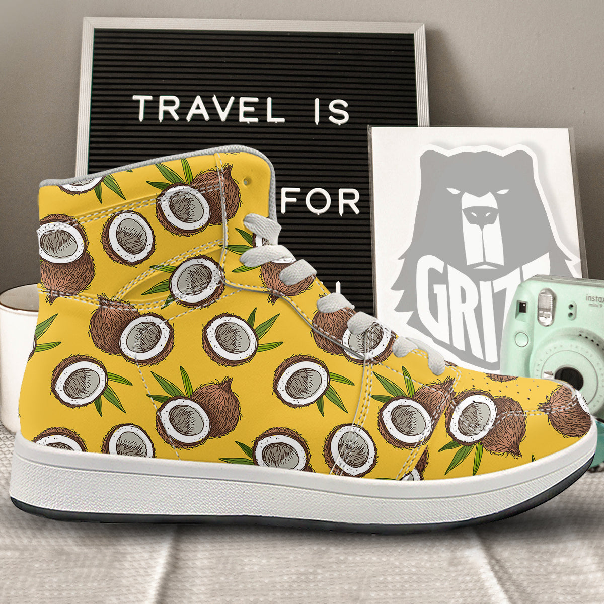 Coconut Yellow Print Pattern High Top Sneakers-grizzshop