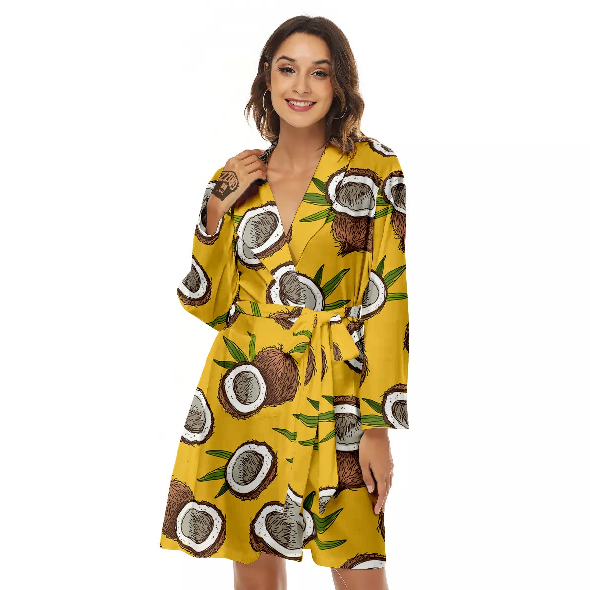 Coconut Yellow Print Pattern Women's Robe-grizzshop