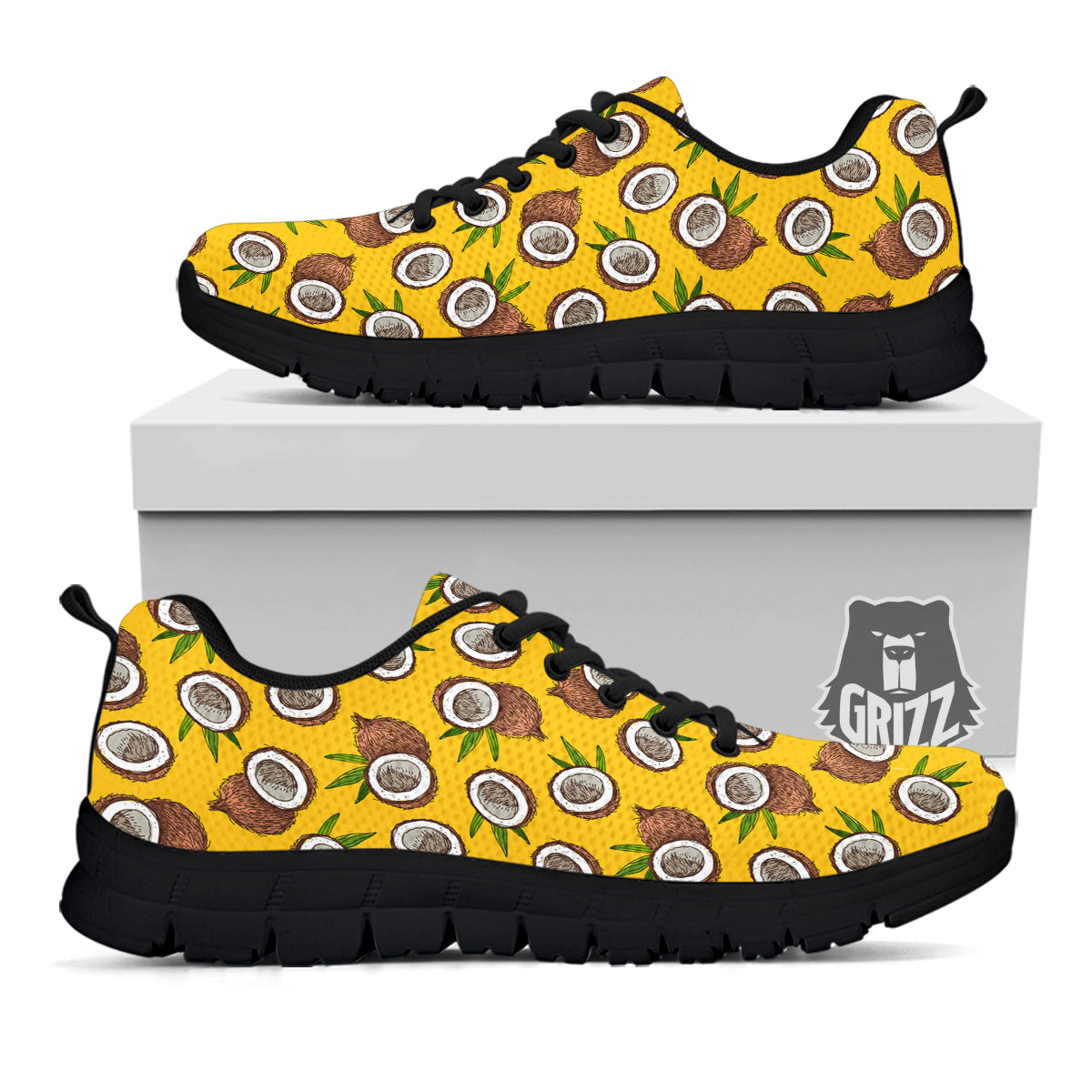 Coconut Yellow Vintage Print Pattern Black Sneaker-grizzshop