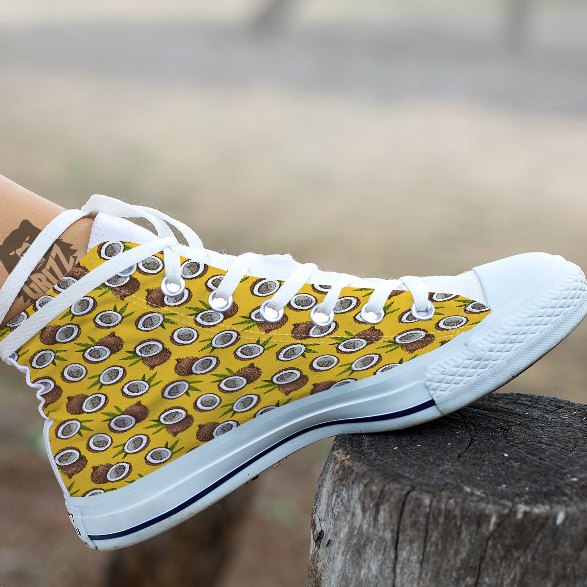 Coconut Yellow Vintage Print Pattern White High Top Shoes-grizzshop