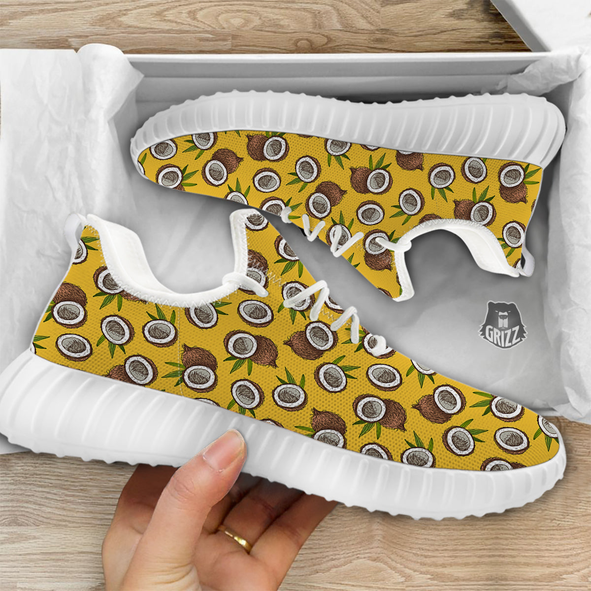 Coconut Yellow Vintage Print Pattern White Walking Shoes-grizzshop