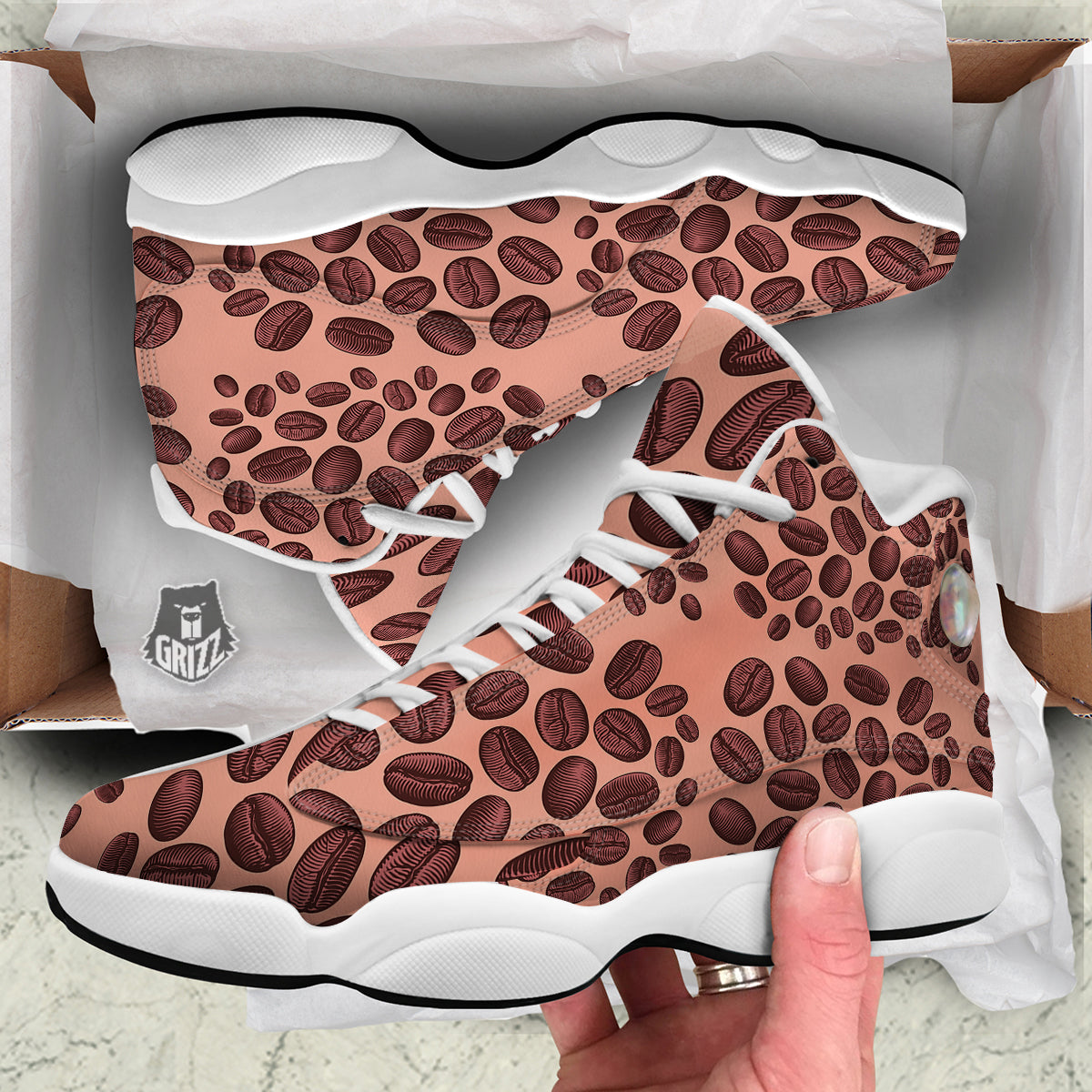 Coffee Bean Vintage Print Pattern White Basketball Shoes-grizzshop