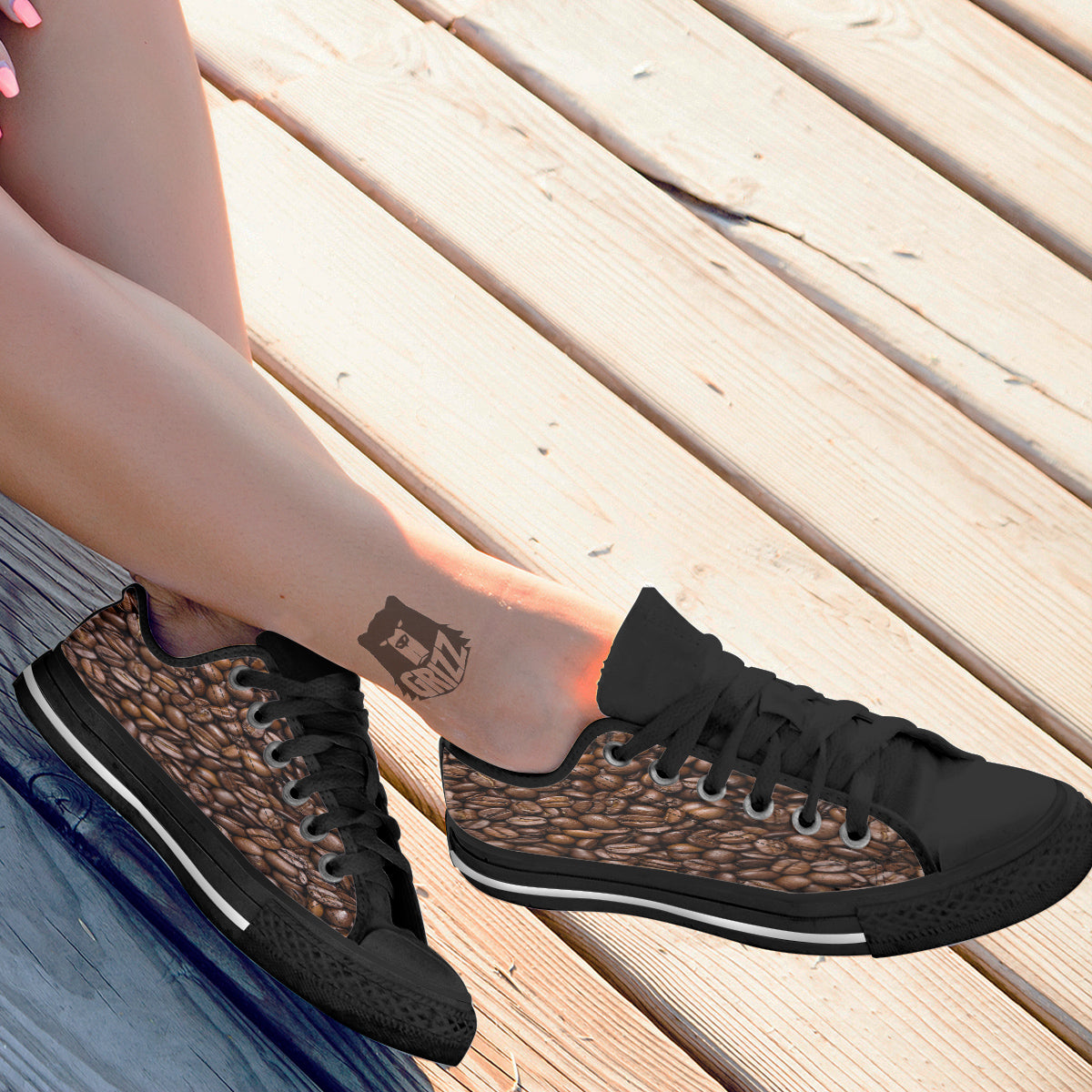 Coffee Beans Print Black Low Top Shoes-grizzshop