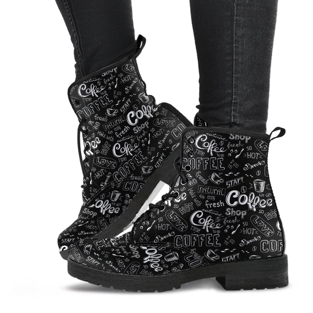 Coffee Black Pattern Print Men Women Leather Boots-grizzshop