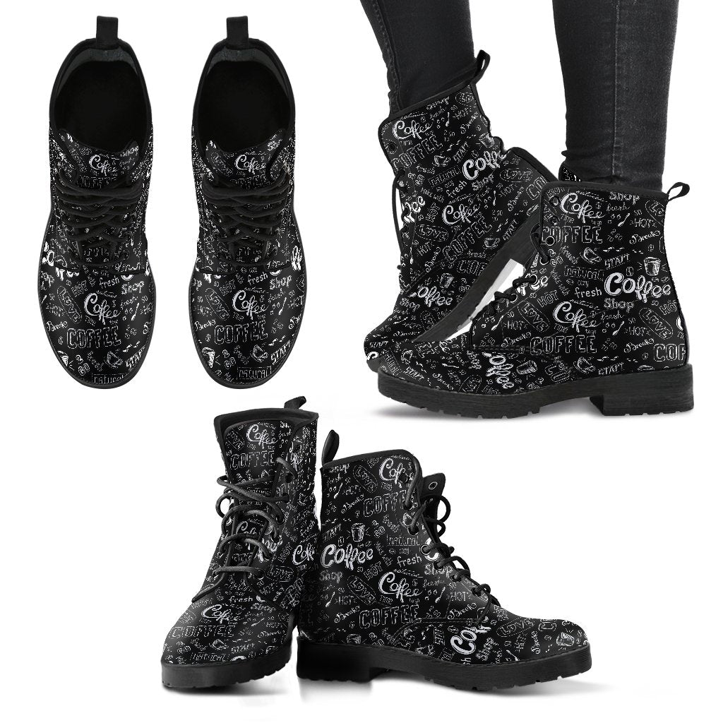Coffee Black Pattern Print Men Women Leather Boots-grizzshop