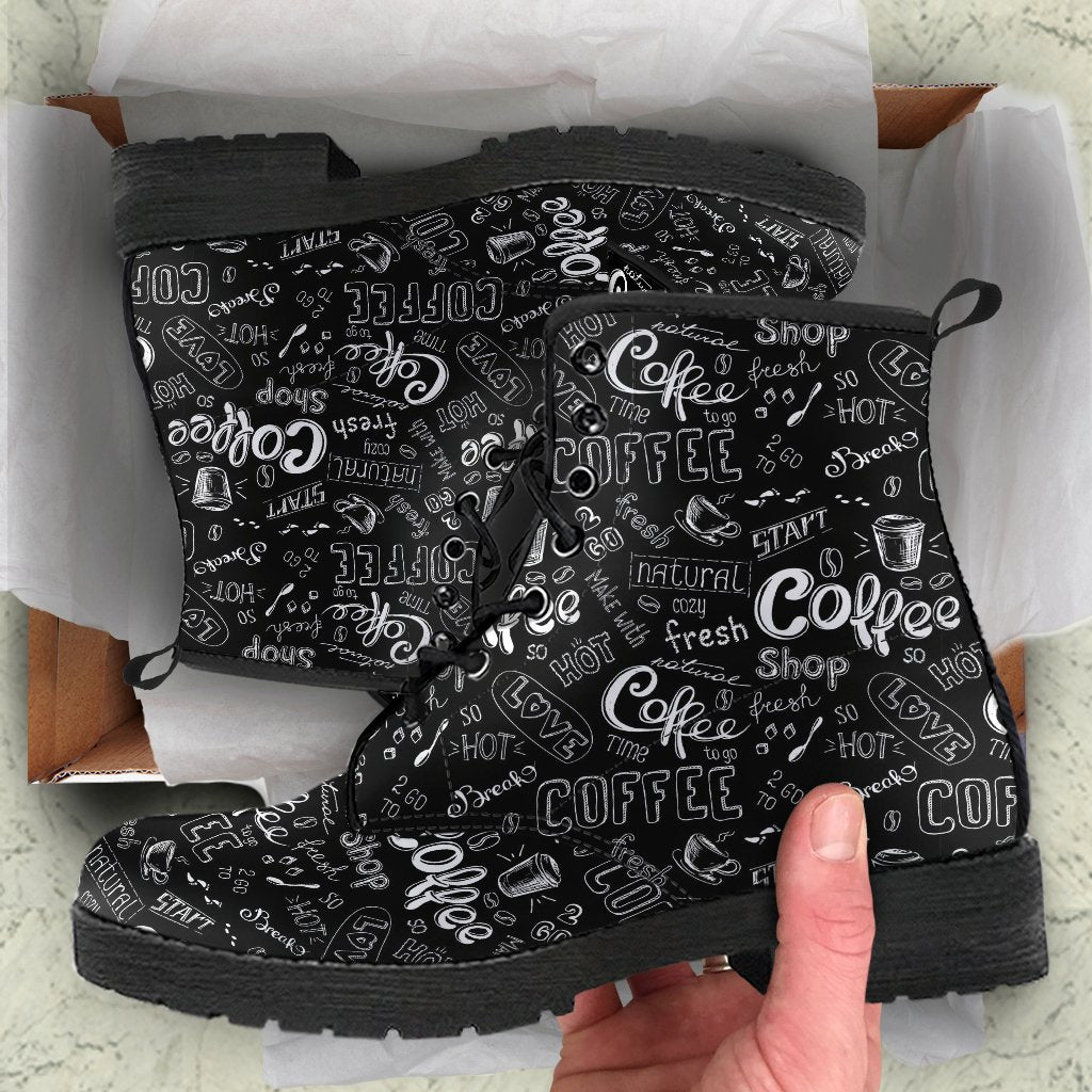Coffee Black Pattern Print Men Women Leather Boots-grizzshop