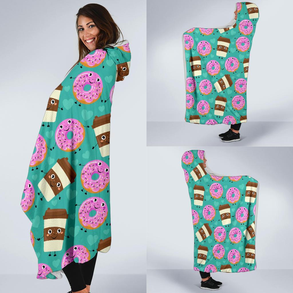 Coffee Donut Pattern Print Hooded Blanket-grizzshop