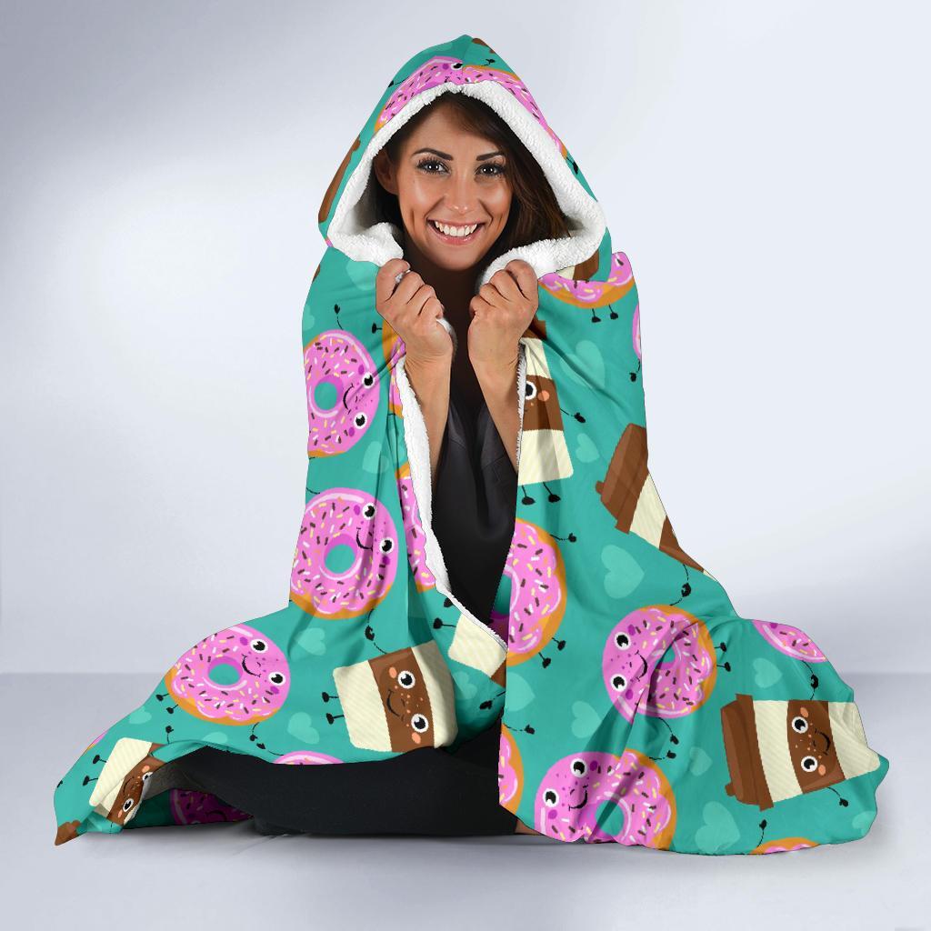 Coffee Donut Pattern Print Hooded Blanket-grizzshop