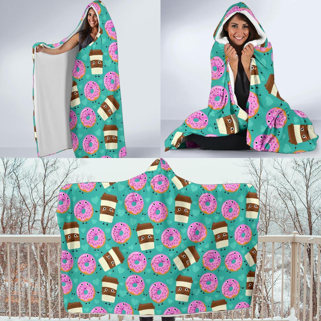 Coffee Donut Pattern Print Hooded Blanket-grizzshop