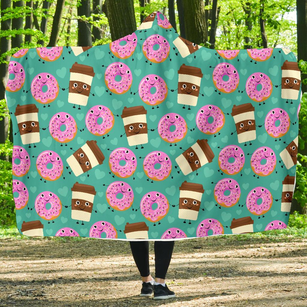 Coffee Donut Pattern Print Hooded Blanket-grizzshop