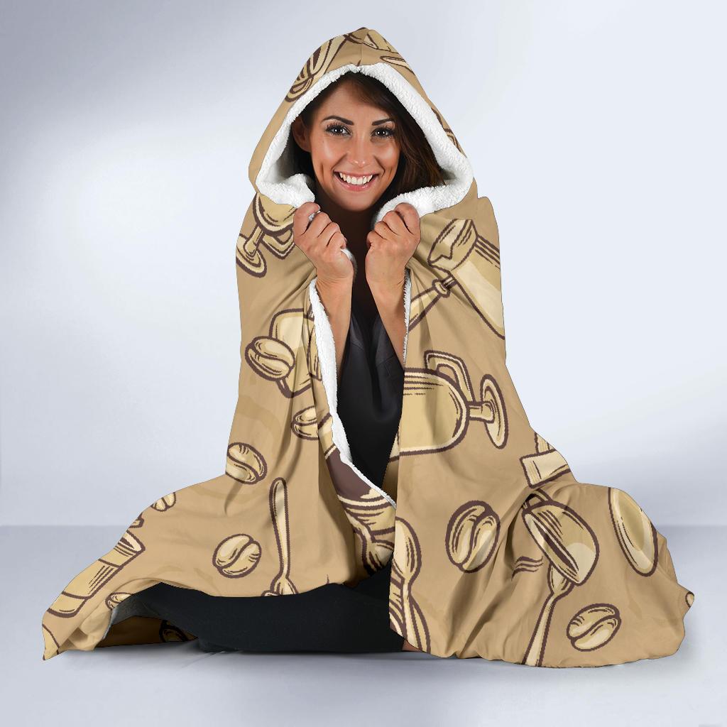 Coffee Pattern Print Hooded Blanket-grizzshop