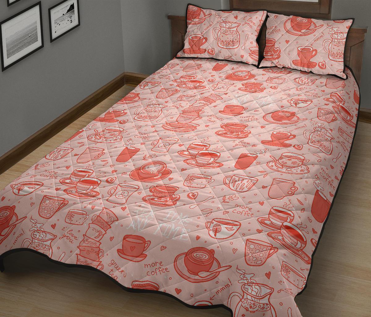 Coffee Pink Pattern Print Bed Set Quilt-grizzshop