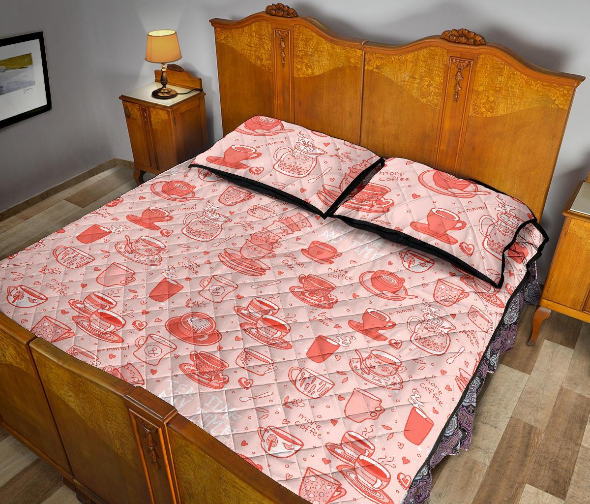 Coffee Pink Pattern Print Bed Set Quilt-grizzshop