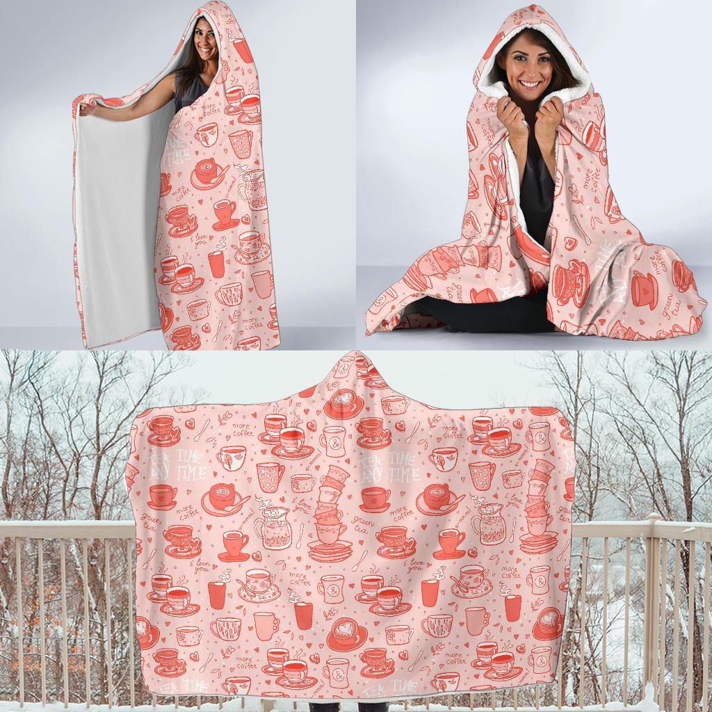 Coffee Pink Pattern Print Hooded Blanket-grizzshop
