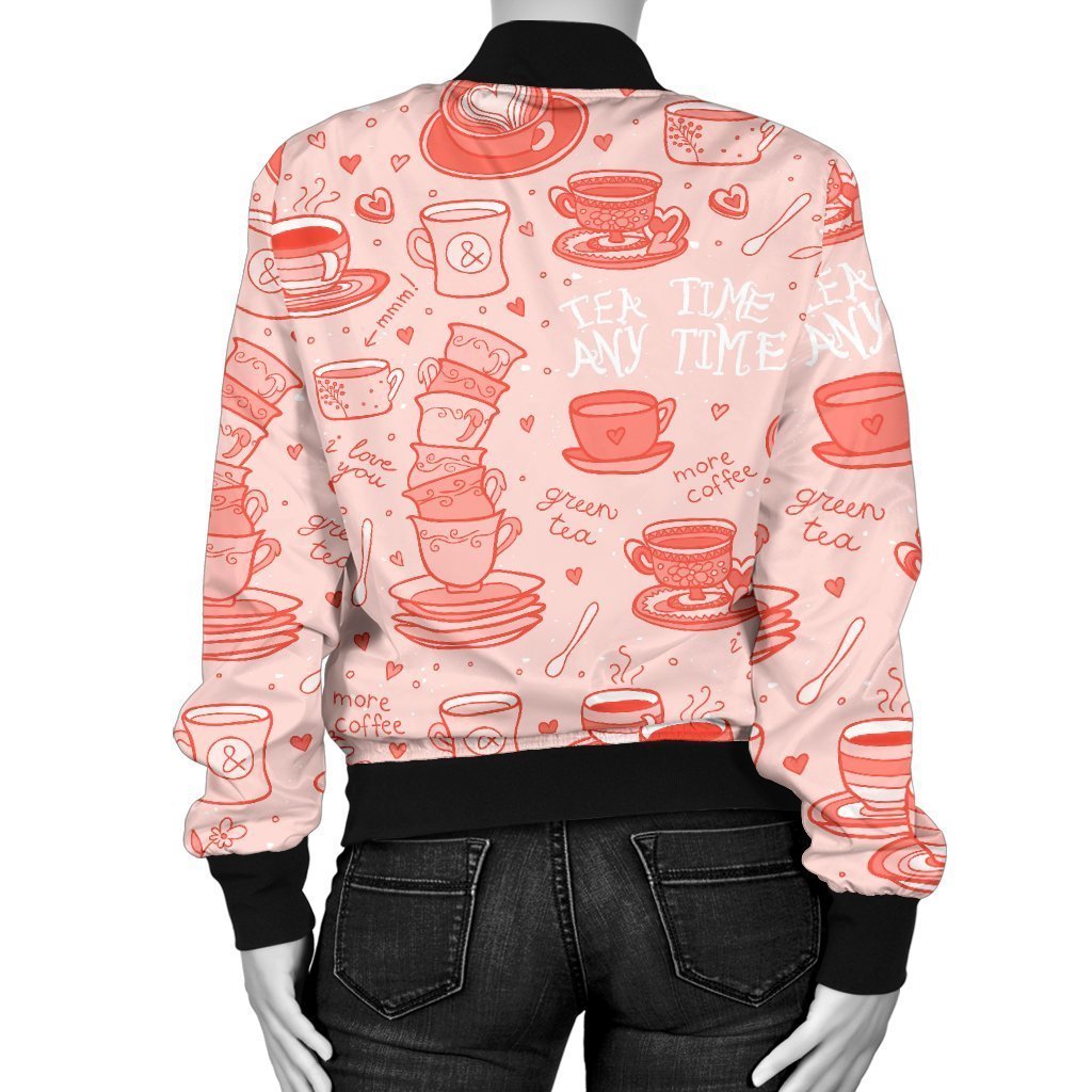 Coffee Pink Pattern Print Women Casual Bomber Jacket-grizzshop