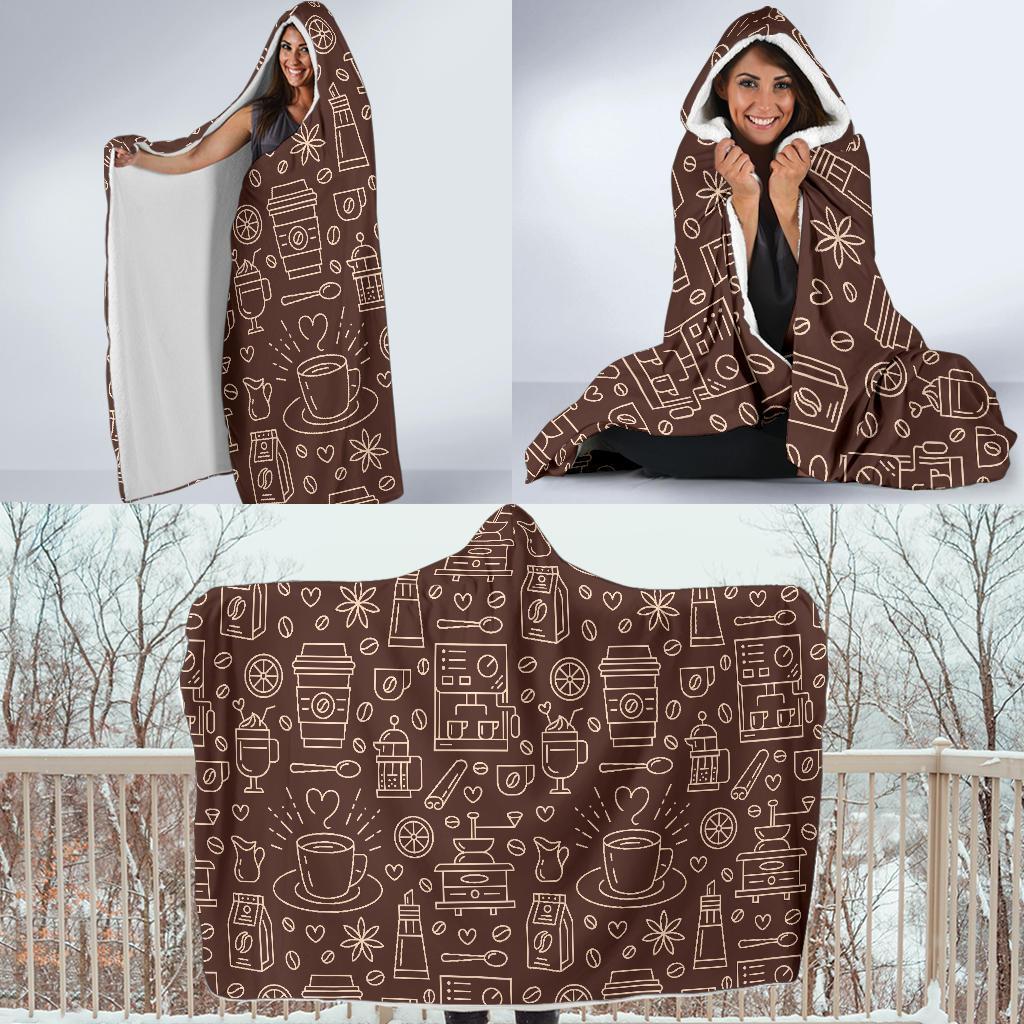 Coffee Print Pattern Hooded Blanket-grizzshop