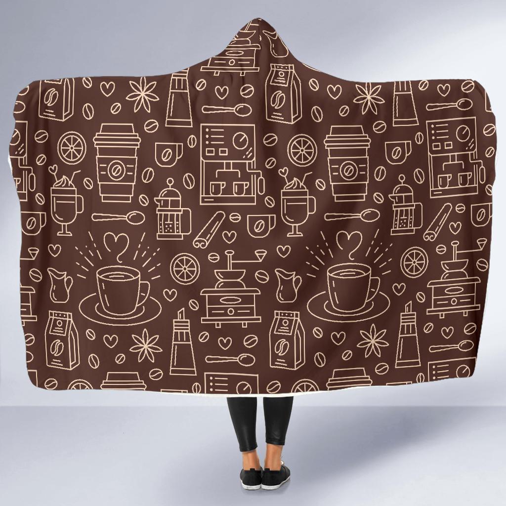 Coffee Print Pattern Hooded Blanket-grizzshop