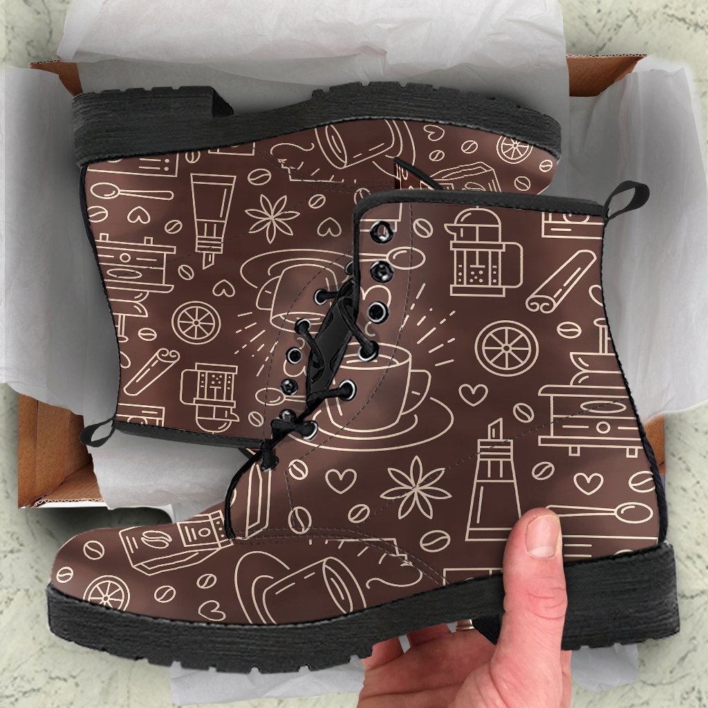 Coffee Print Pattern Men Women Leather Boots-grizzshop