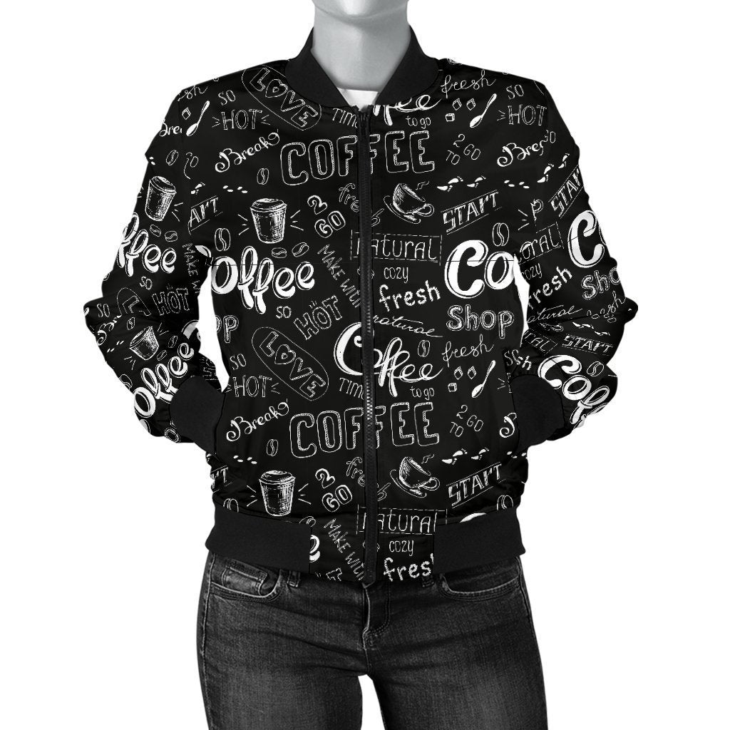 Coffee Black Pattern Print Women Casual Bomber Jacket-grizzshop