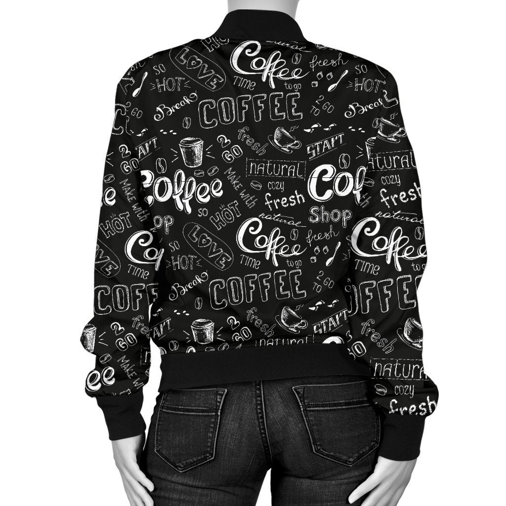 Coffee Black Pattern Print Women Casual Bomber Jacket-grizzshop