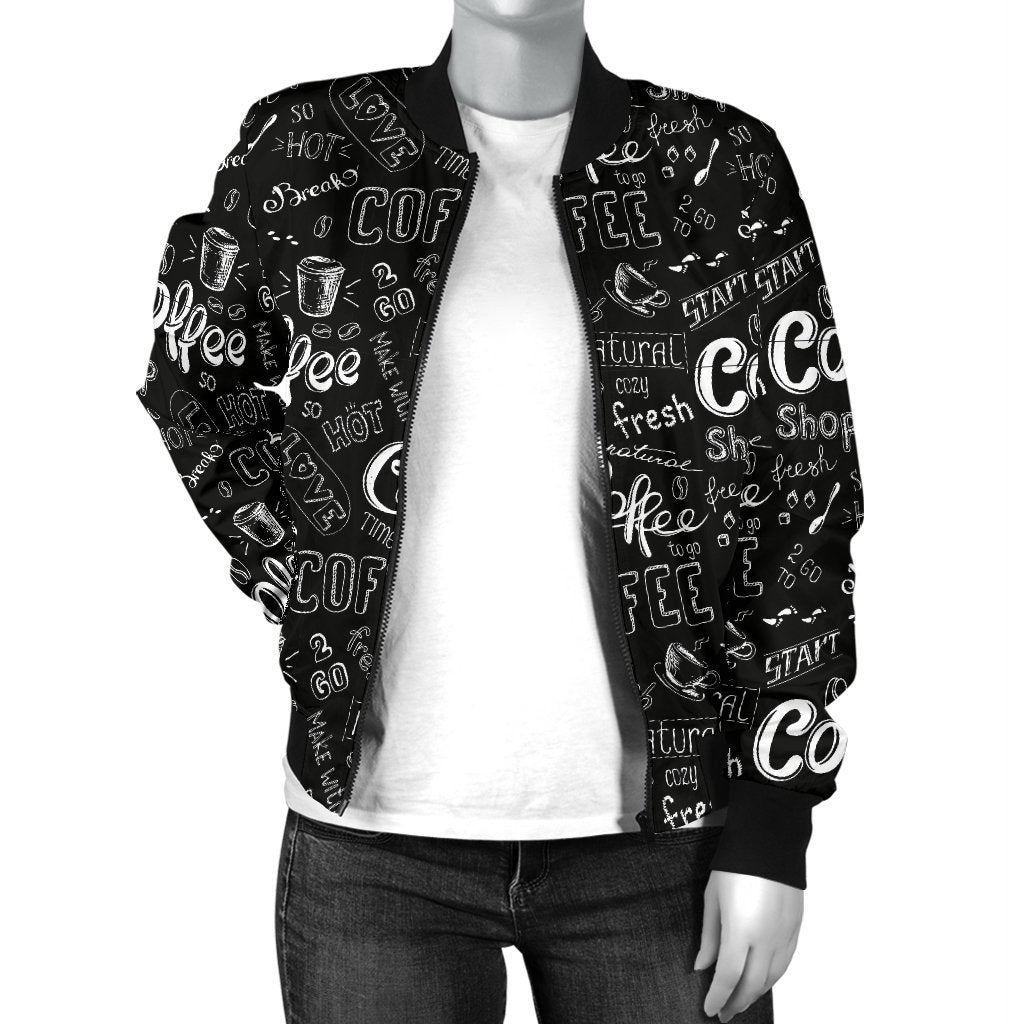 Coffee Black Pattern Print Women Casual Bomber Jacket-grizzshop
