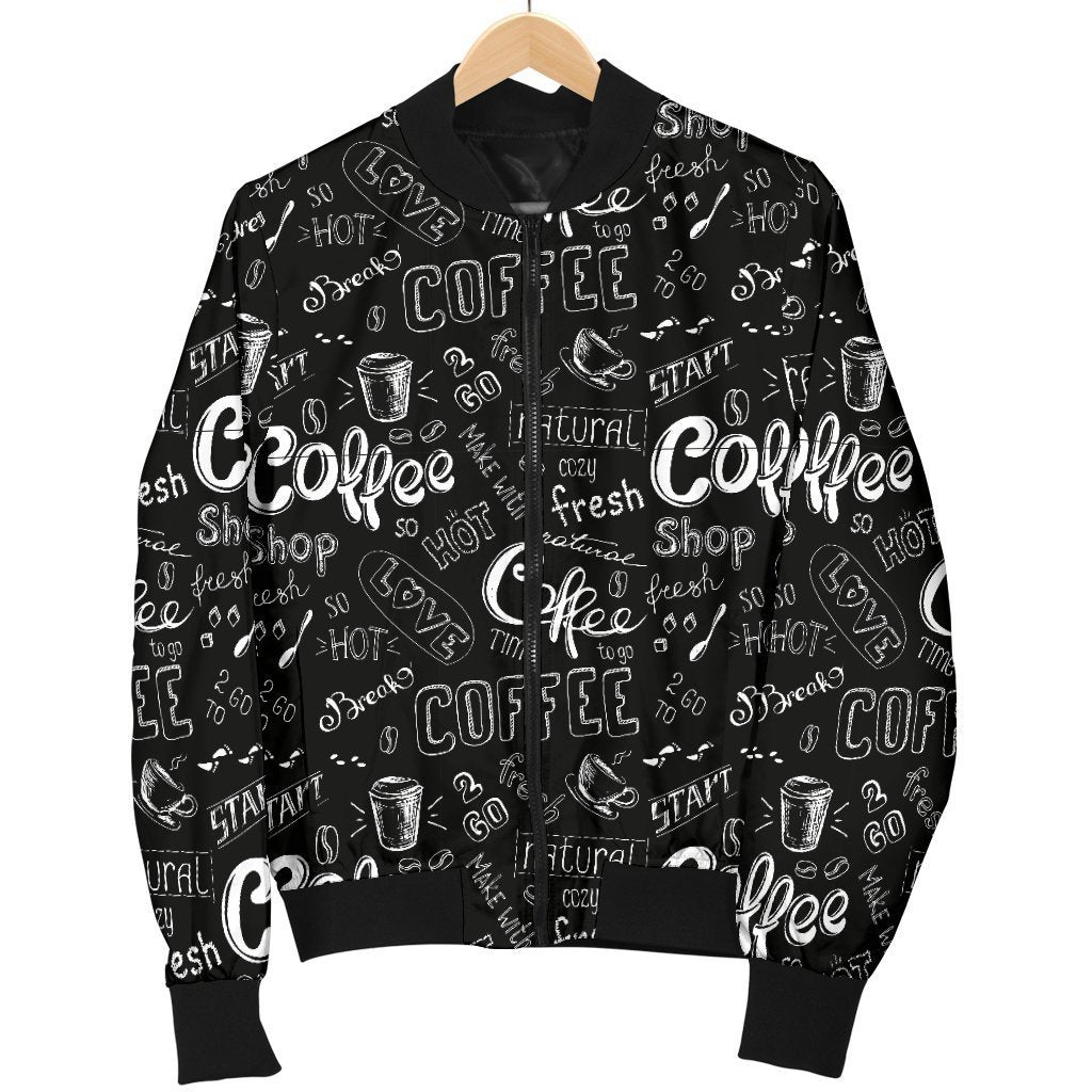 Coffee Black Pattern Print Women Casual Bomber Jacket-grizzshop