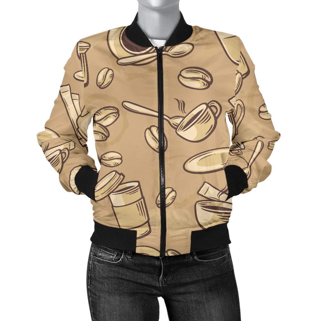 Coffee Pattern Print Women Casual Bomber Jacket-grizzshop