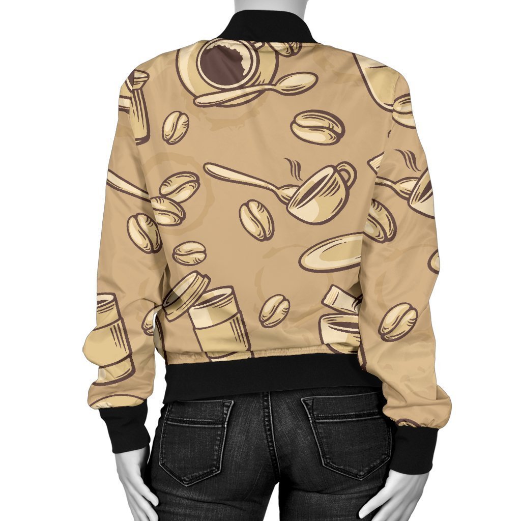 Coffee Pattern Print Women Casual Bomber Jacket-grizzshop