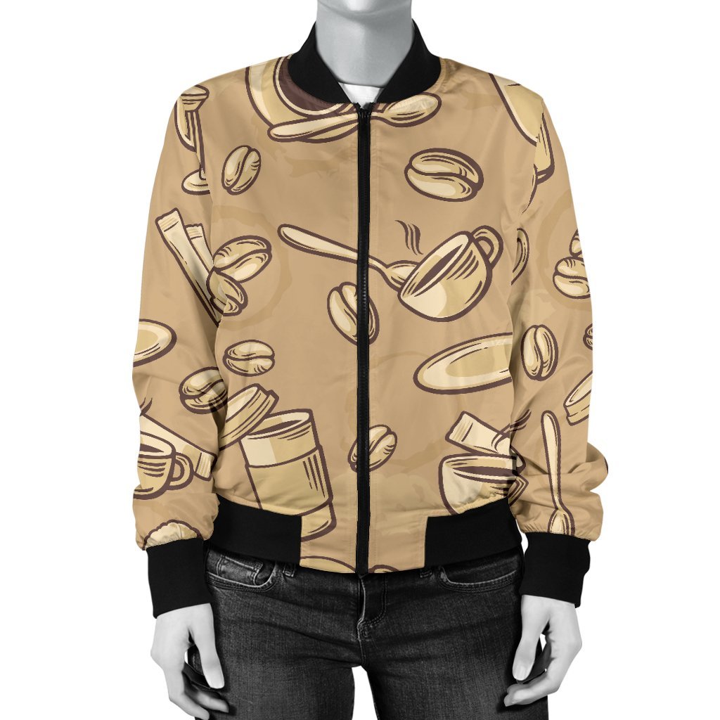 Coffee Pattern Print Women Casual Bomber Jacket-grizzshop
