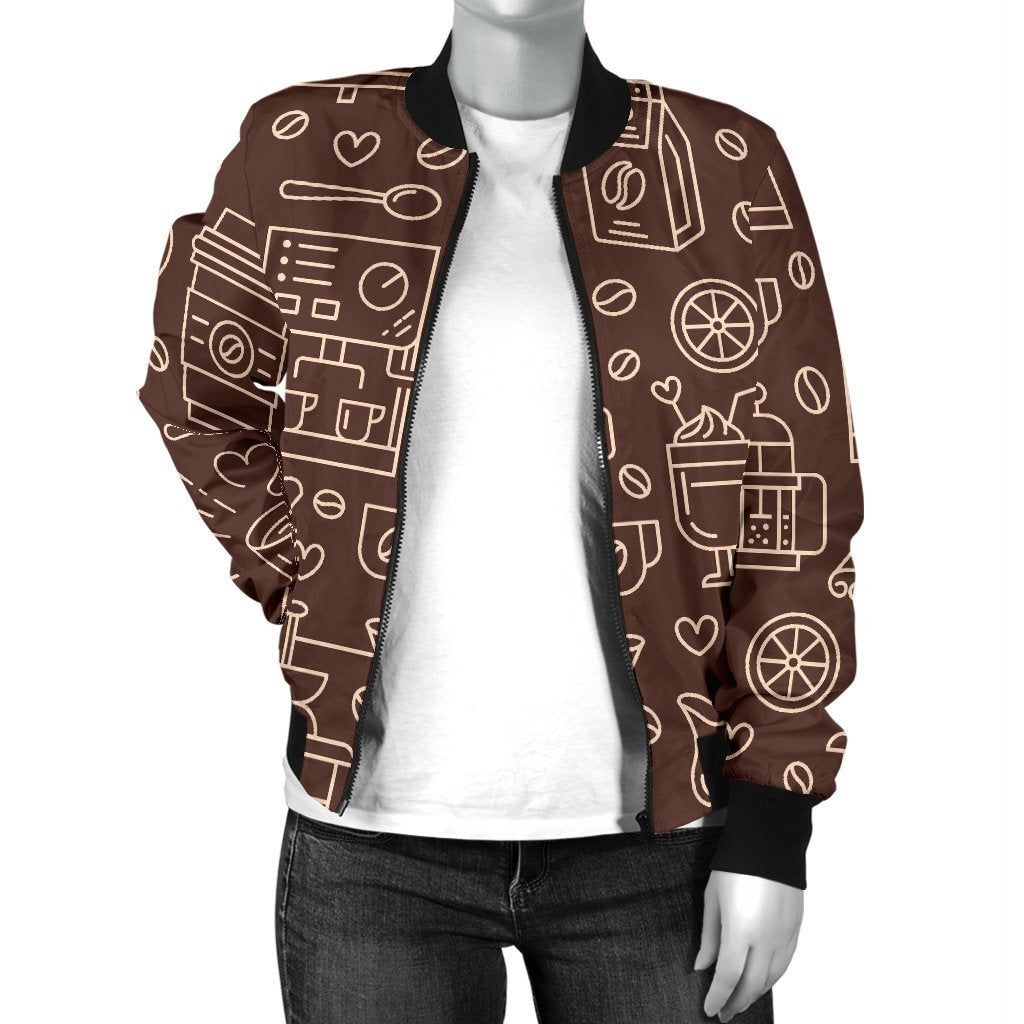 Coffee Print Pattern Women Casual Bomber Jacket-grizzshop