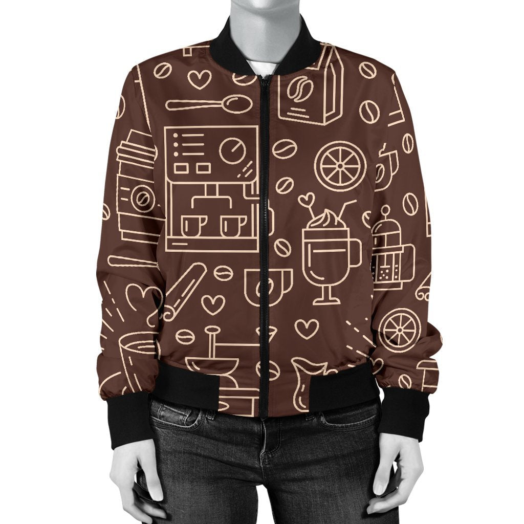 Coffee Print Pattern Women Casual Bomber Jacket-grizzshop