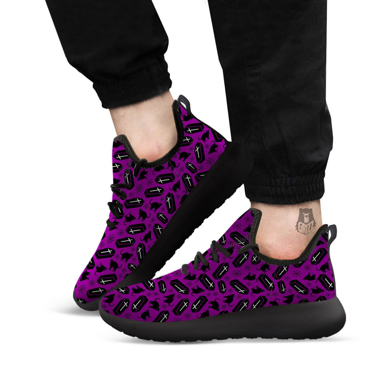 Coffin And Cat Purple Print Pattern Black Athletic Shoes-grizzshop