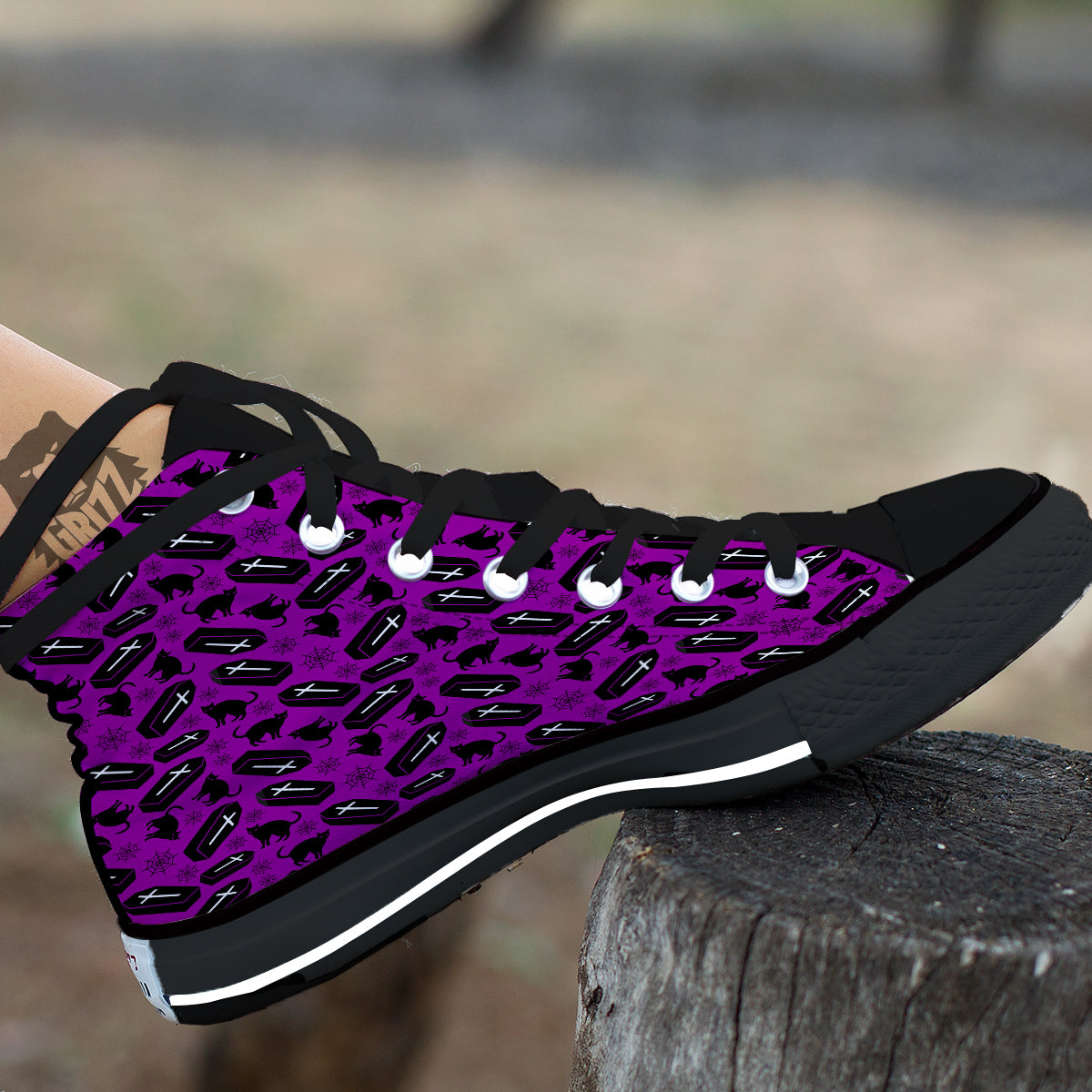 Coffin And Cat Purple Print Pattern Black High Top Shoes-grizzshop